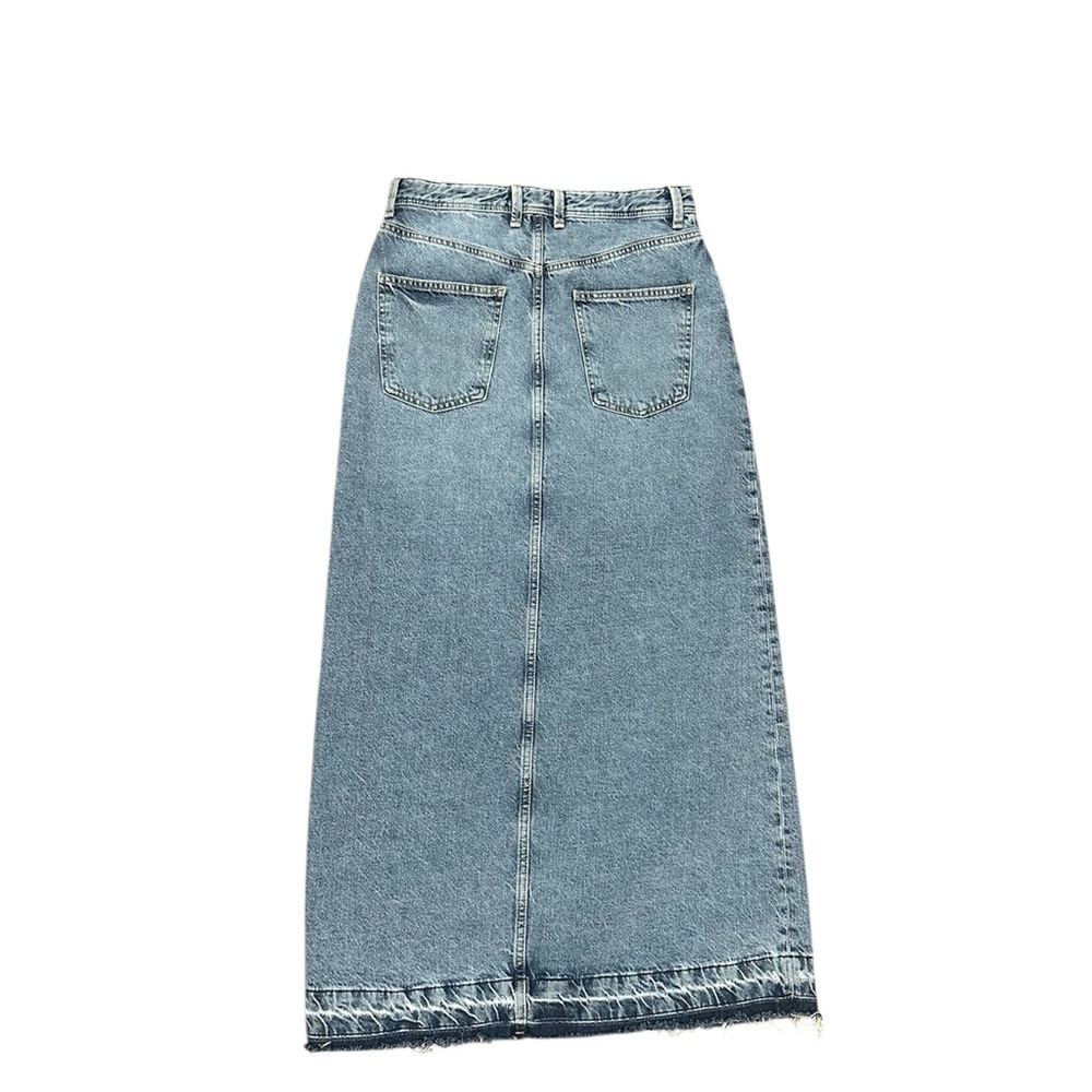 Zara TRF Long Denim Skirt Size S 100% Cotton High Rise Distressed Raw Hem Slit - Picture 7 of 11